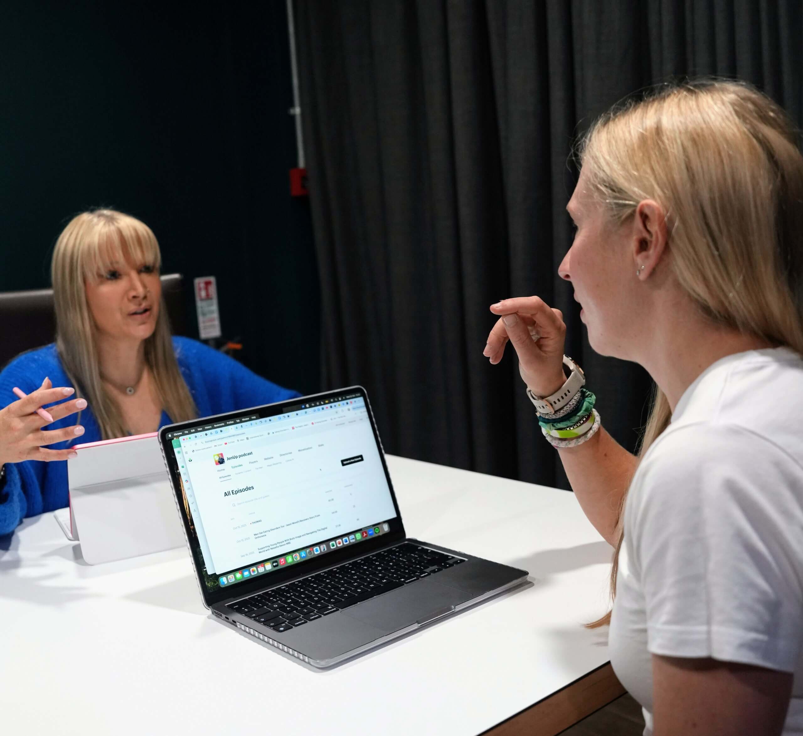 Becky Stone and Jen Tomei Discuss Eating Disorder Recovery Becky Stone and nutritional therapist Jen Tomei discussing eating disorder recovery, body image and trauma-informed support during a podcast recording.
