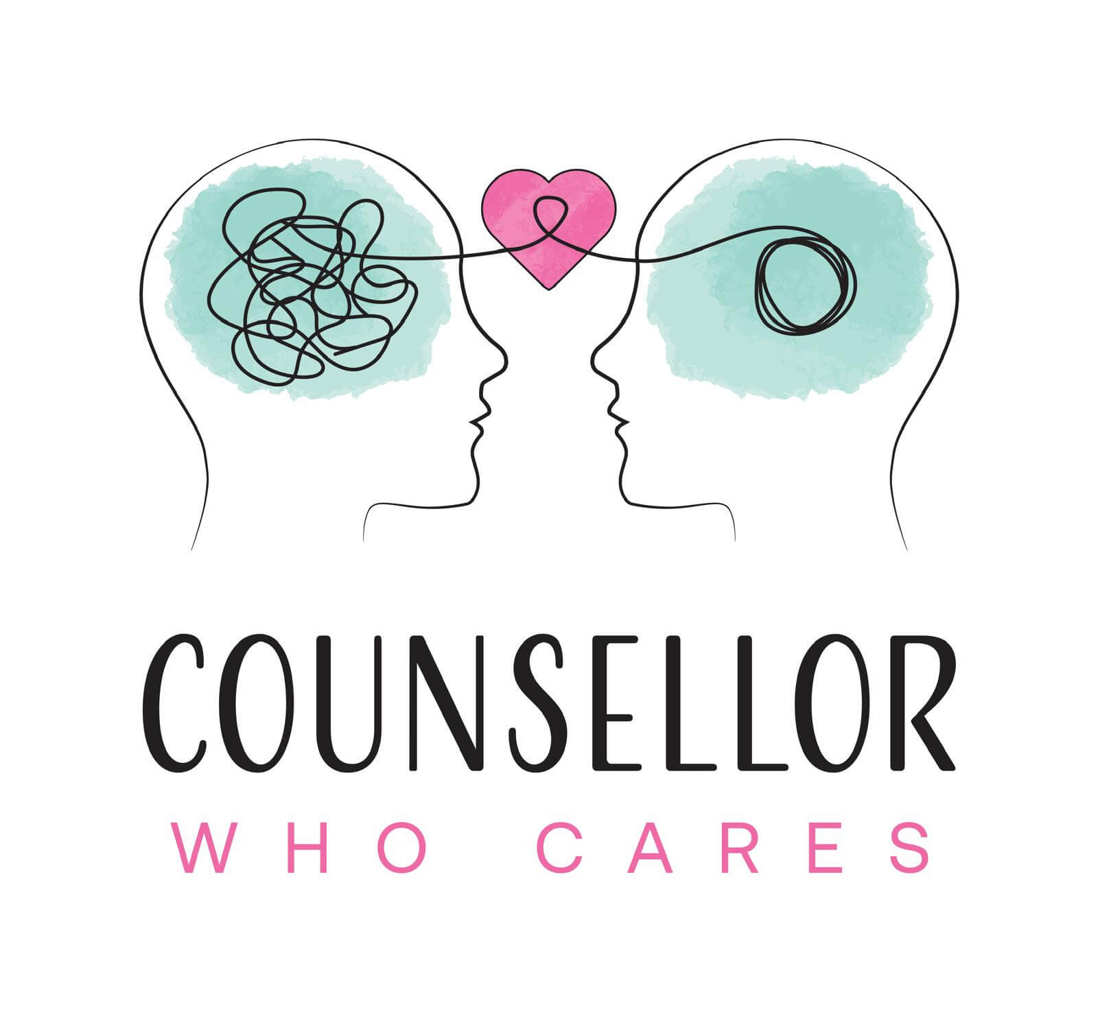 Counsellor Who Cares logo featuring two connected profiles and a heart, representing compassionate counselling.